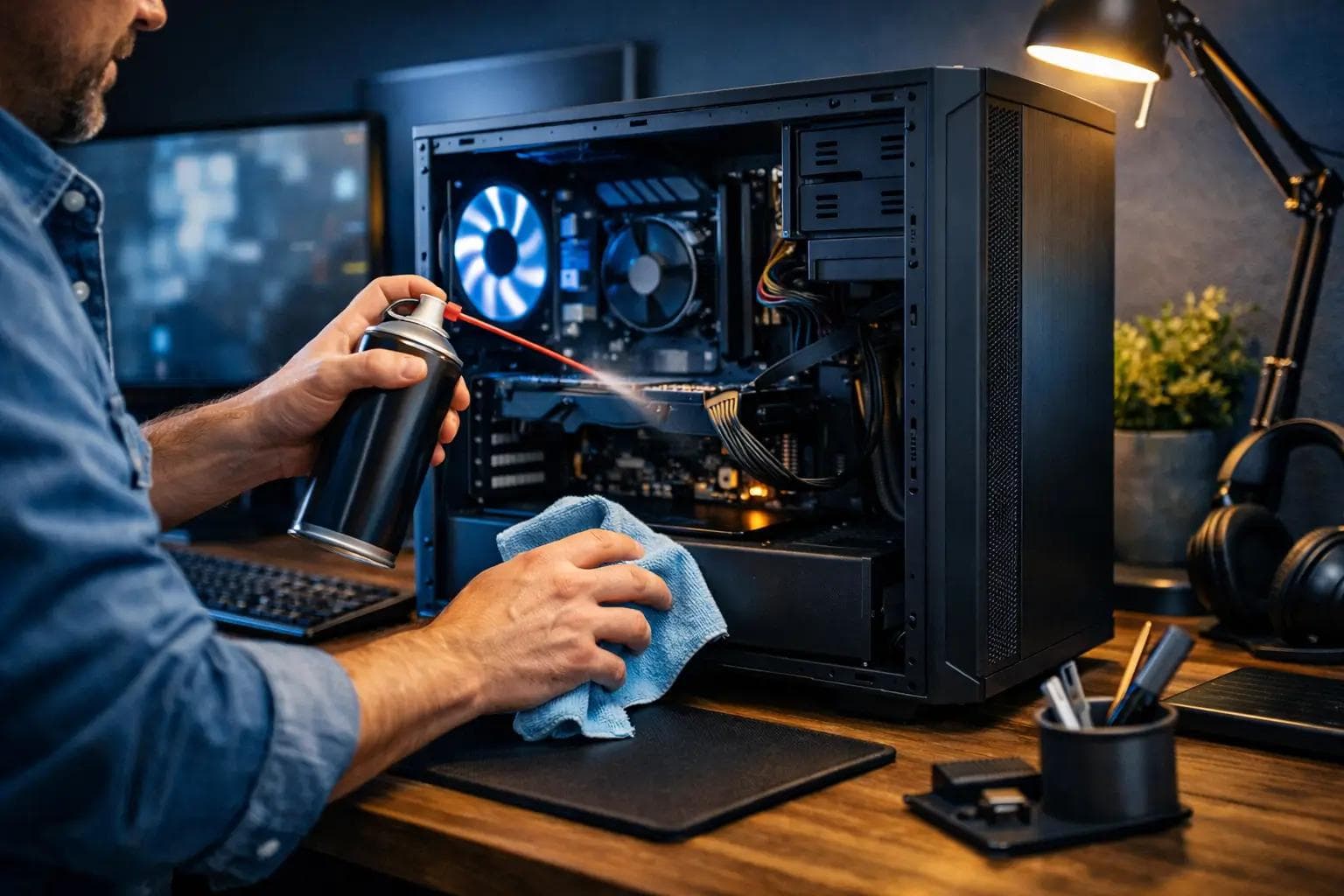 Technician cleaning and optimizing a desktop PC to improve performance and extend its lifespan