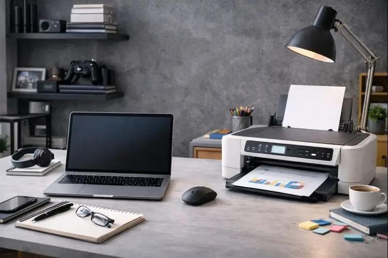 Home office desk with laptop and printer representing computer and printer support for home and work use